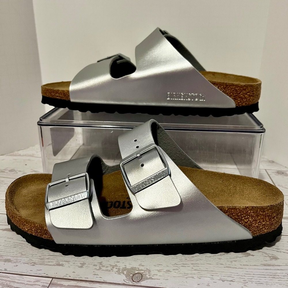 Birkenstock Arizona Birko-Flor 37 Sandals Women 6 Silver Metallic Medium Narrow